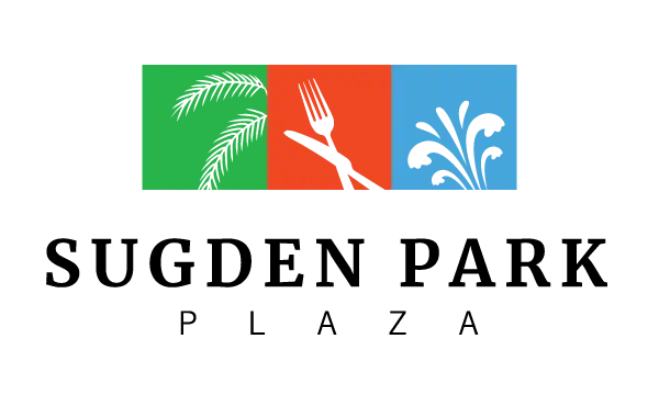 Logo for Sugden Park Plaza featuring three colorful square panels arranged horizontally. The left green panel contains a stylized palm frond, the center orange panel displays a fork and knife crossed diagonally, and the right blue panel features a decorative water fountain spray. The design represents the plaza's connection to Naples, Florida, outdoor recreation, dining, and community gathering spaces.