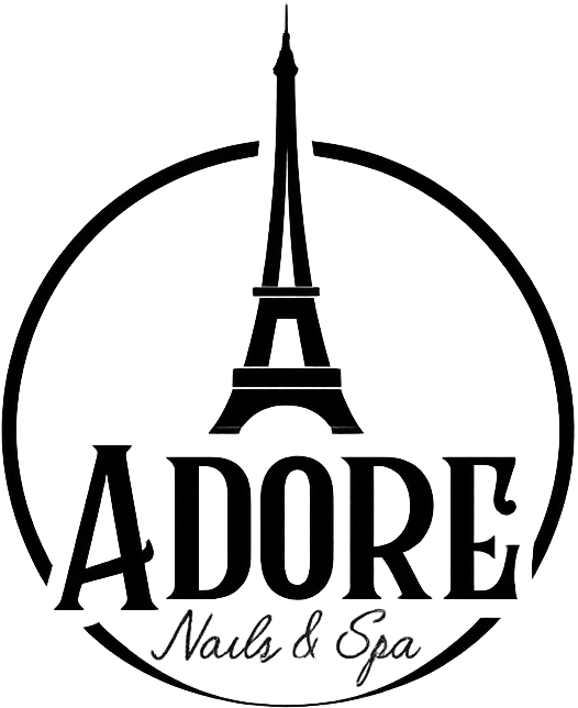 Adore Nails & Spa logo featuring a stylized Eiffel Tower centered within a circular frame above the words "Adore Nails & Spa" in elegant serif and script typography.