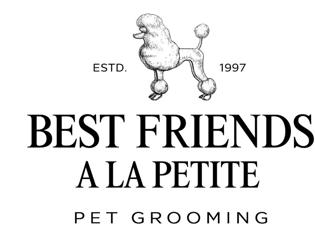 Best Friends A La Petite Pet Grooming logo featuring a hand-drawn poodle illustration above elegant typography displaying the business name and the words "Pet Grooming," with "ESTD. 1997" on either side.