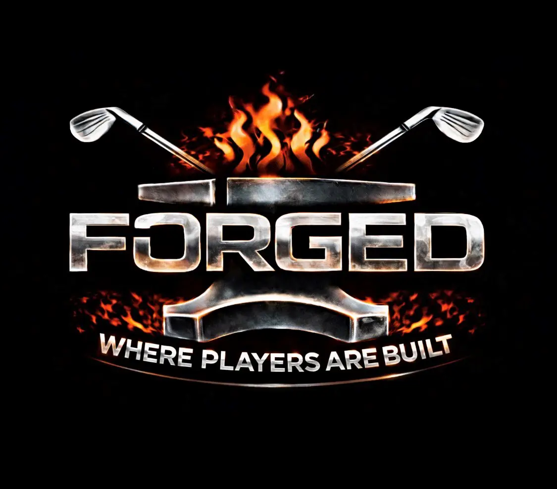 Forged Golf logo featuring metallic silver lettering, crossed golf clubs, an anvil, and flames on a black background with the tagline "Where Players Are Built."
