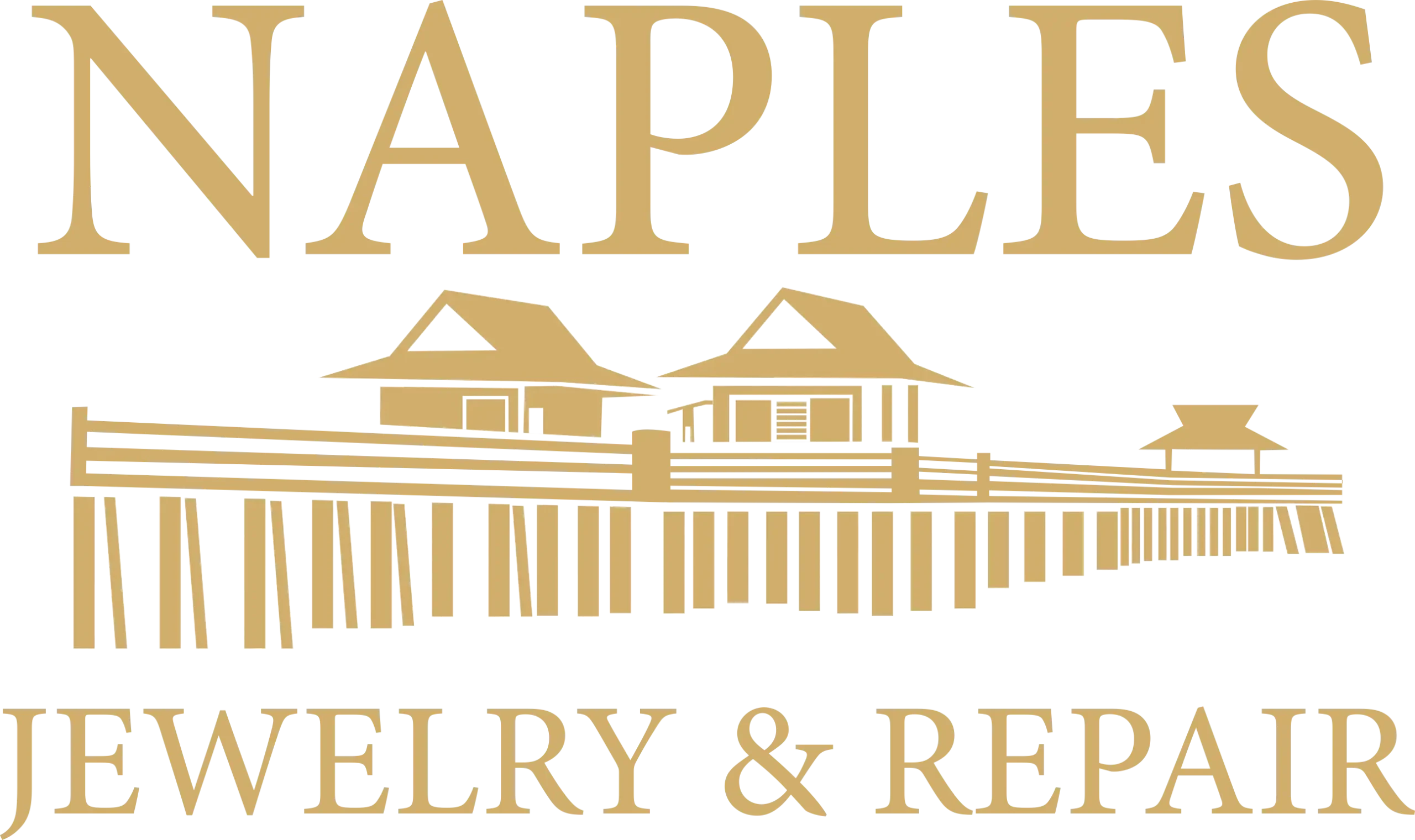 Naples Jewelry & Repair logo featuring elegant gold lettering above an illustration of the historic Naples Pier, representing fine jewelry, craftsmanship, and trusted repair services in Naples, Florida.