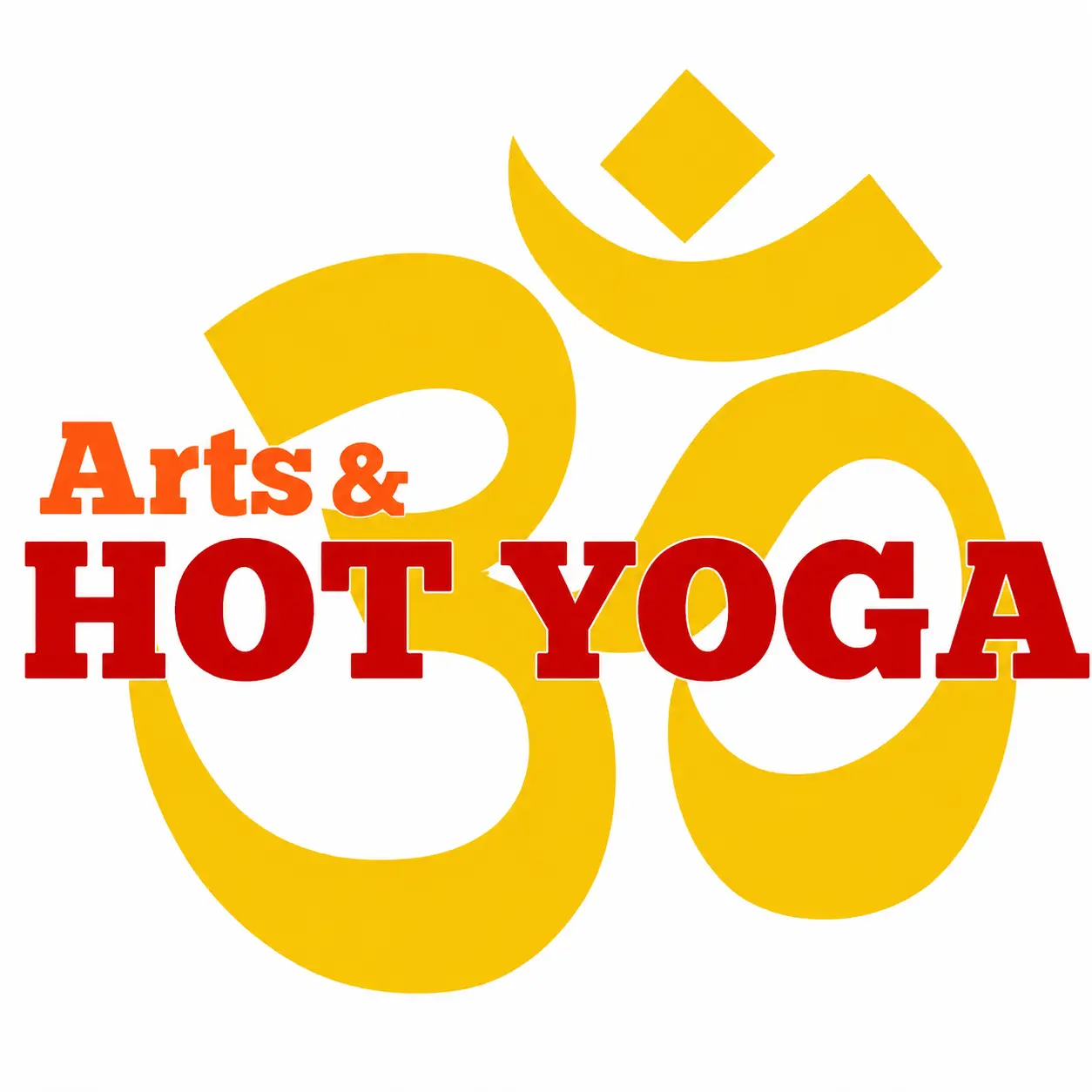 Arts & Hot Yoga logo featuring a large golden Om symbol on a white background with bold red 'HOT YOGA' text and smaller orange 'Arts &' lettering layered across the center.