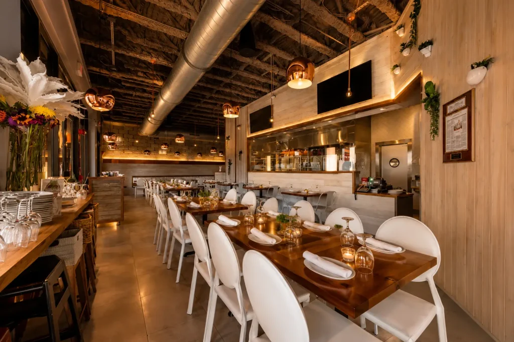 Elegant dining room at Kareem's Lebanese Kitchen featuring warm lighting, modern Mediterranean décor, beautifully set tables, and an inviting atmosphere.